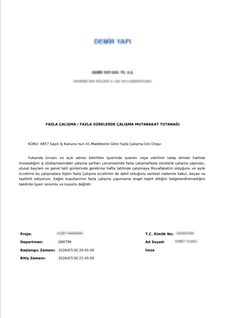 Codigno ERP fazla çalışma mutabakat formu
