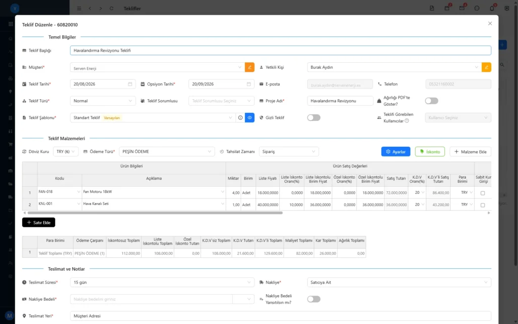 Codigno CRM teklif düzenleme ekranı: müşteri, yetkili kişi, opsiyon tarihi ve kalem tablosunda liste fiyatı, iskonto ve KDV sütunları