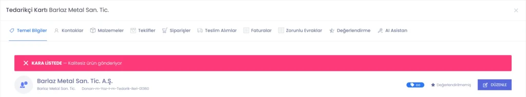 Codigno ERP kara listedeki tedarikçinin kartı, uyarı şeridi ve gerekçesi