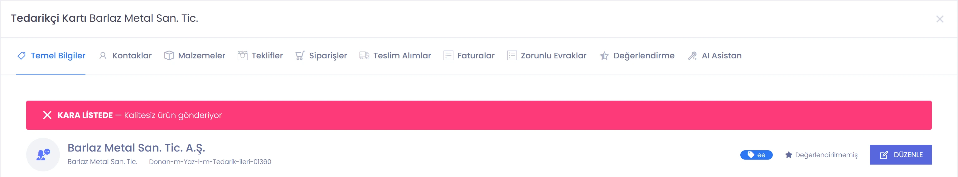 Codigno ERP kara listedeki tedarikçinin kartı, uyarı şeridi ve gerekçesi