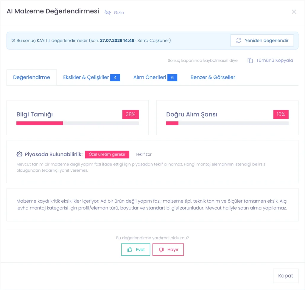 Codigno ERP malzeme kartının yapay zekâ değerlendirmesi, bilgi tamlığı ve eksik alanlar