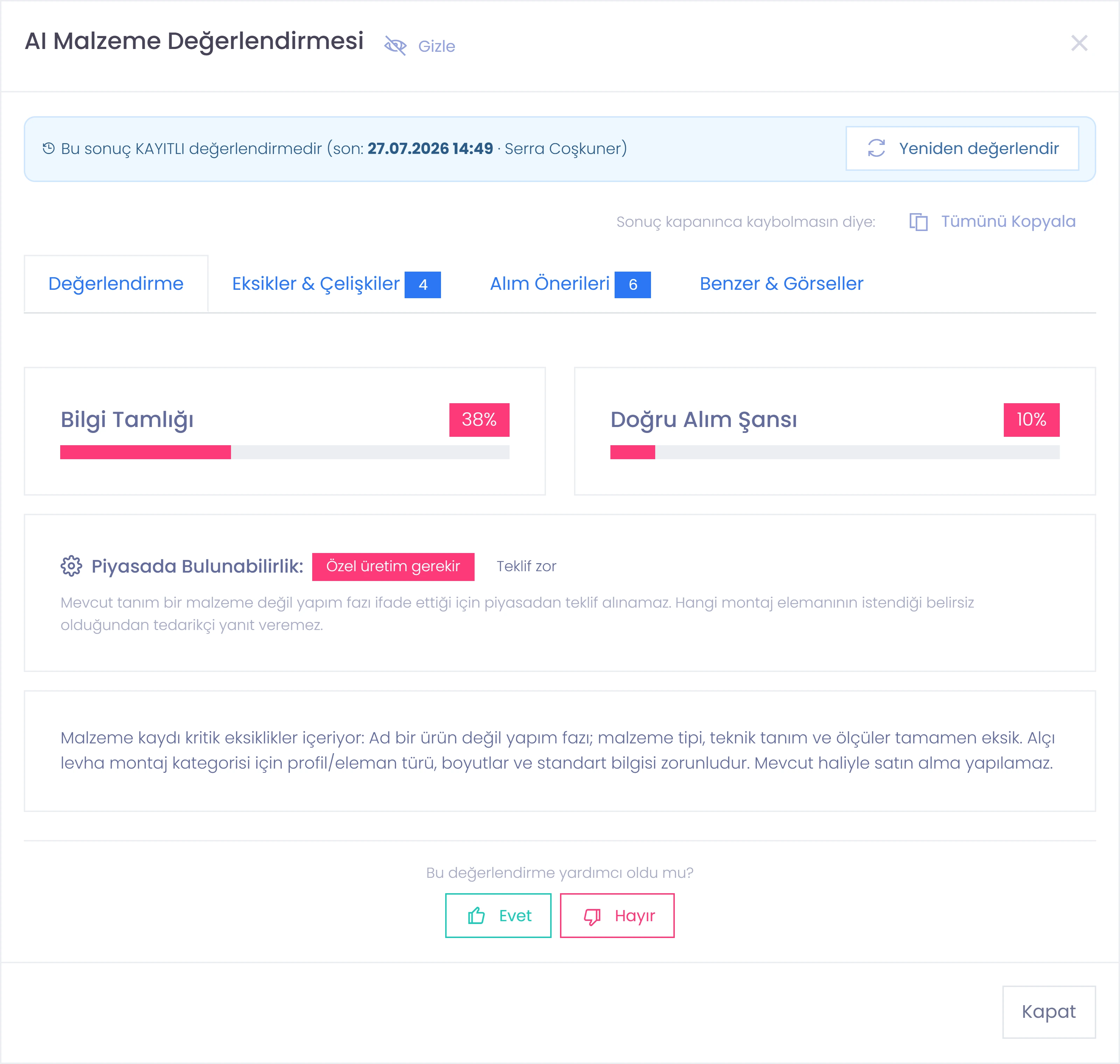 Codigno ERP malzeme kartının yapay zekâ değerlendirmesi, bilgi tamlığı ve eksik alanlar