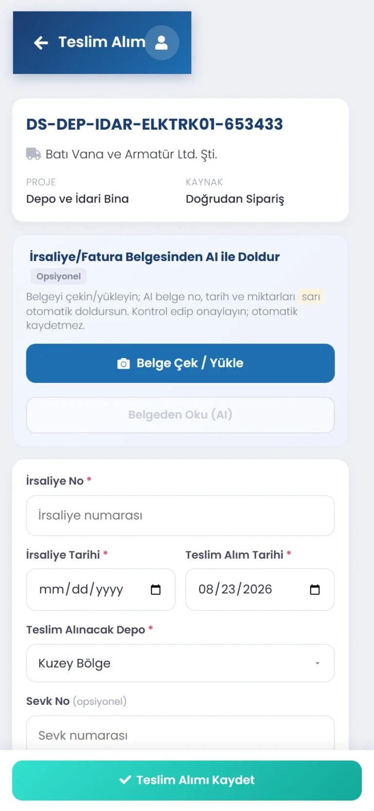 Codigno ERP mobil mal kabul formu, kalem bazında miktar girişi
