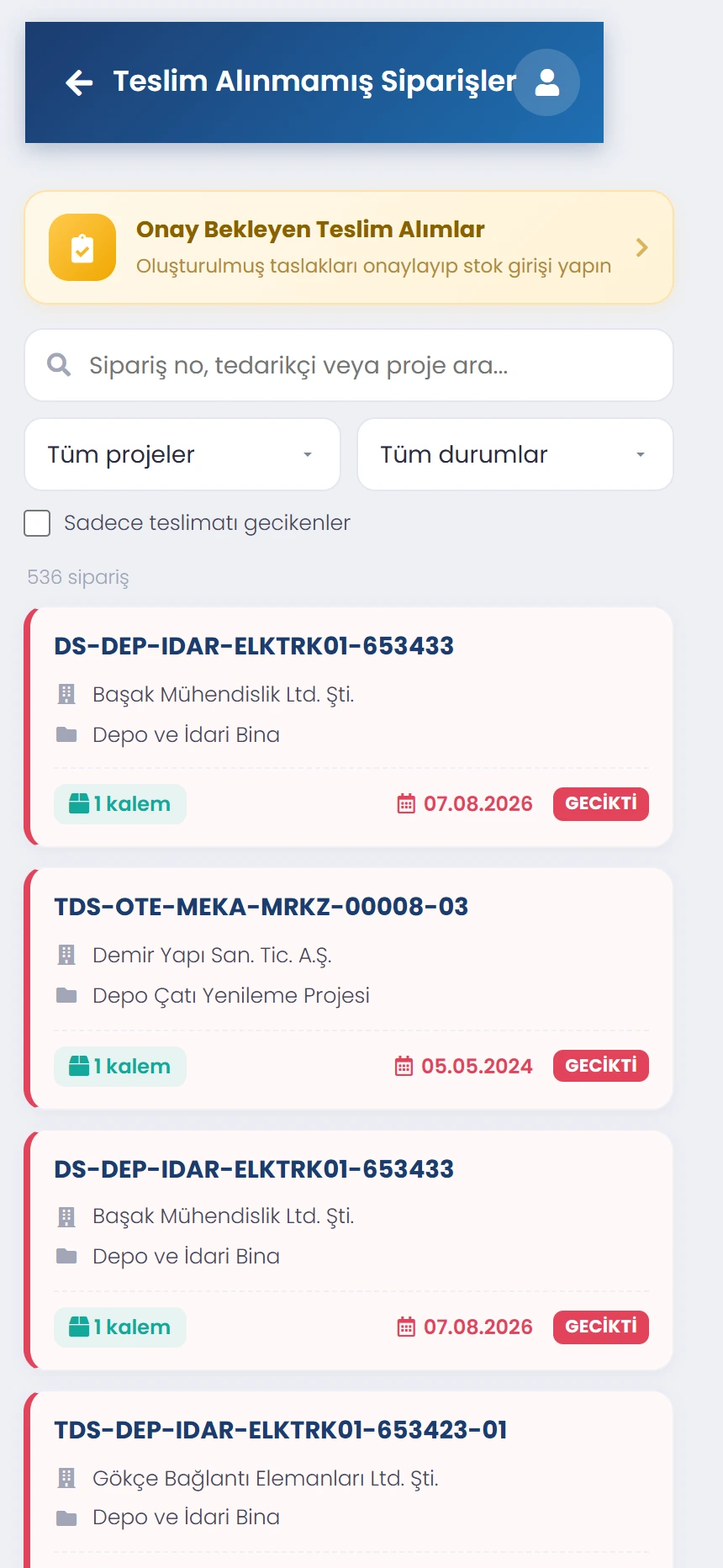 Codigno ERP mobil uygulamasında mal kabul kuyruğu