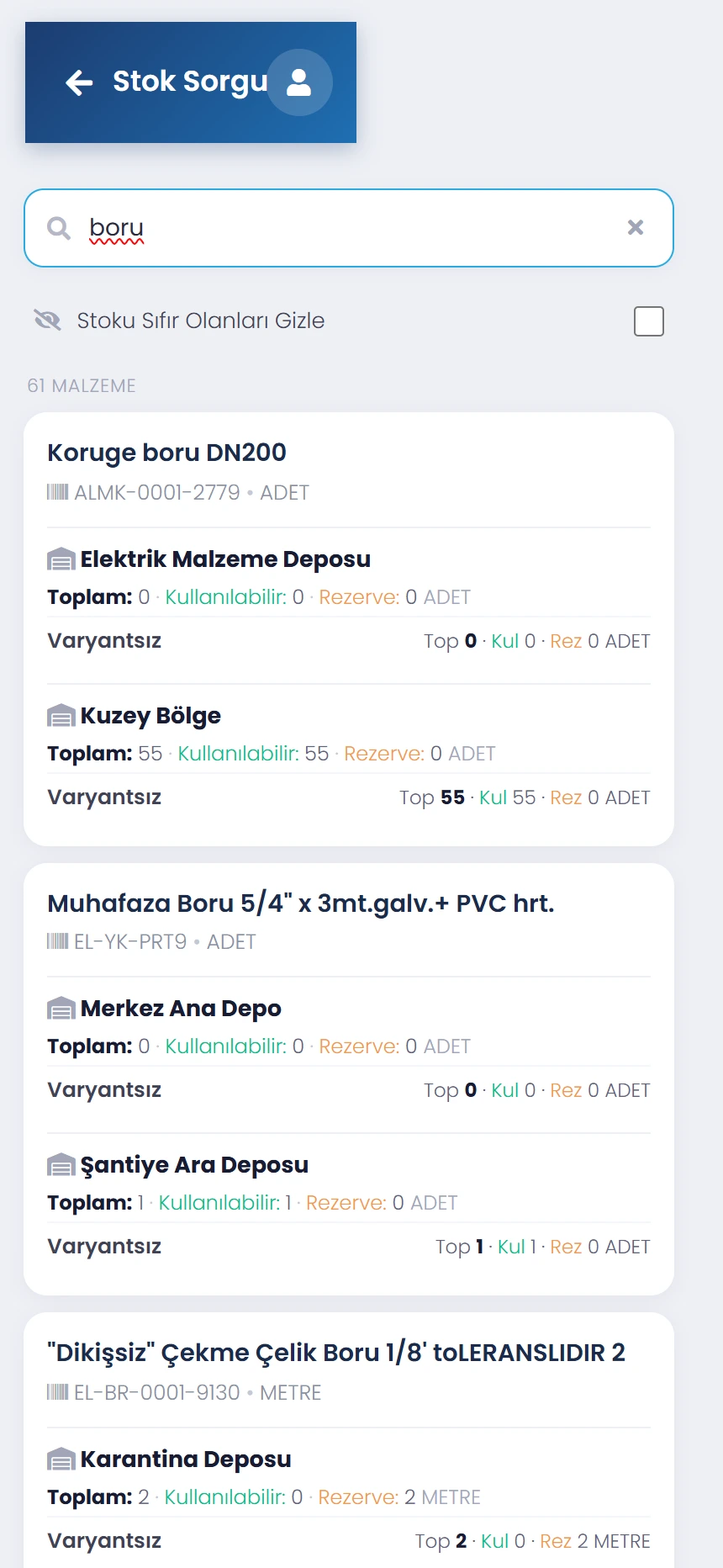 Codigno ERP mobil uygulamasında stok sorgulama ekranı