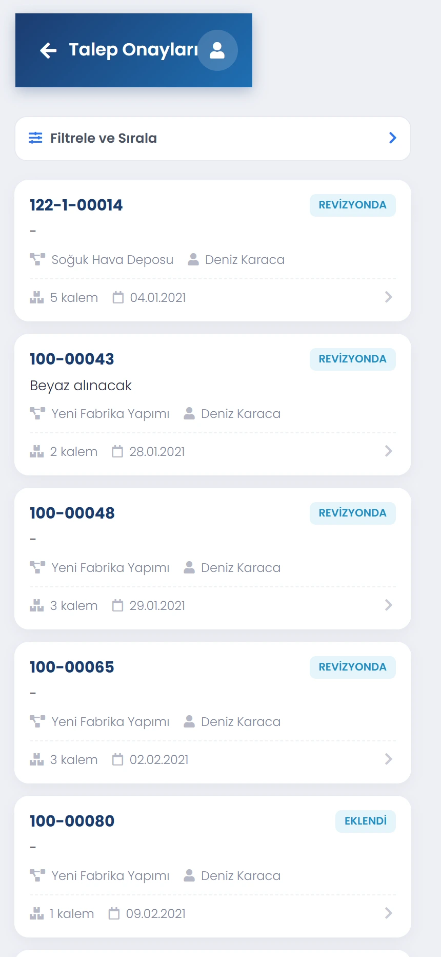 Codigno ERP mobil uygulamasında bekleyen talep onayları listesi