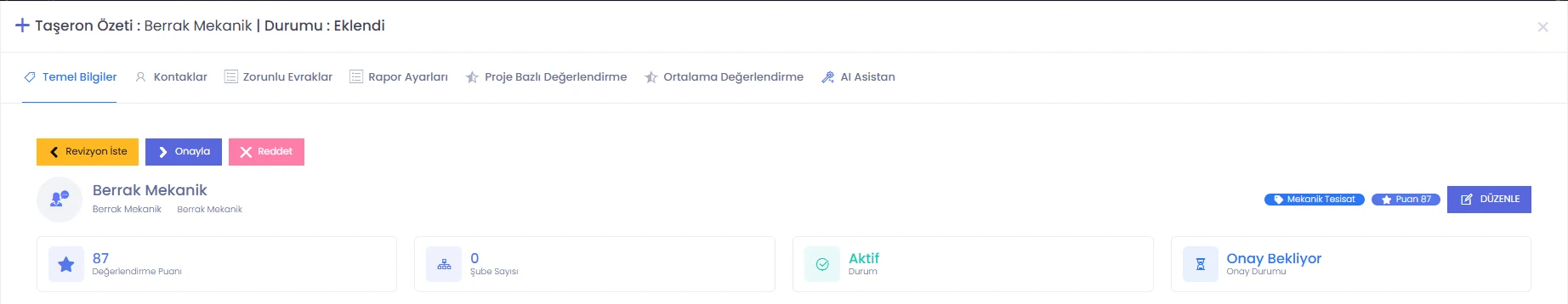 Codigno ERP taşeron kartı, yedi sekme başlığı ve değerlendirme puanı kutucuğu