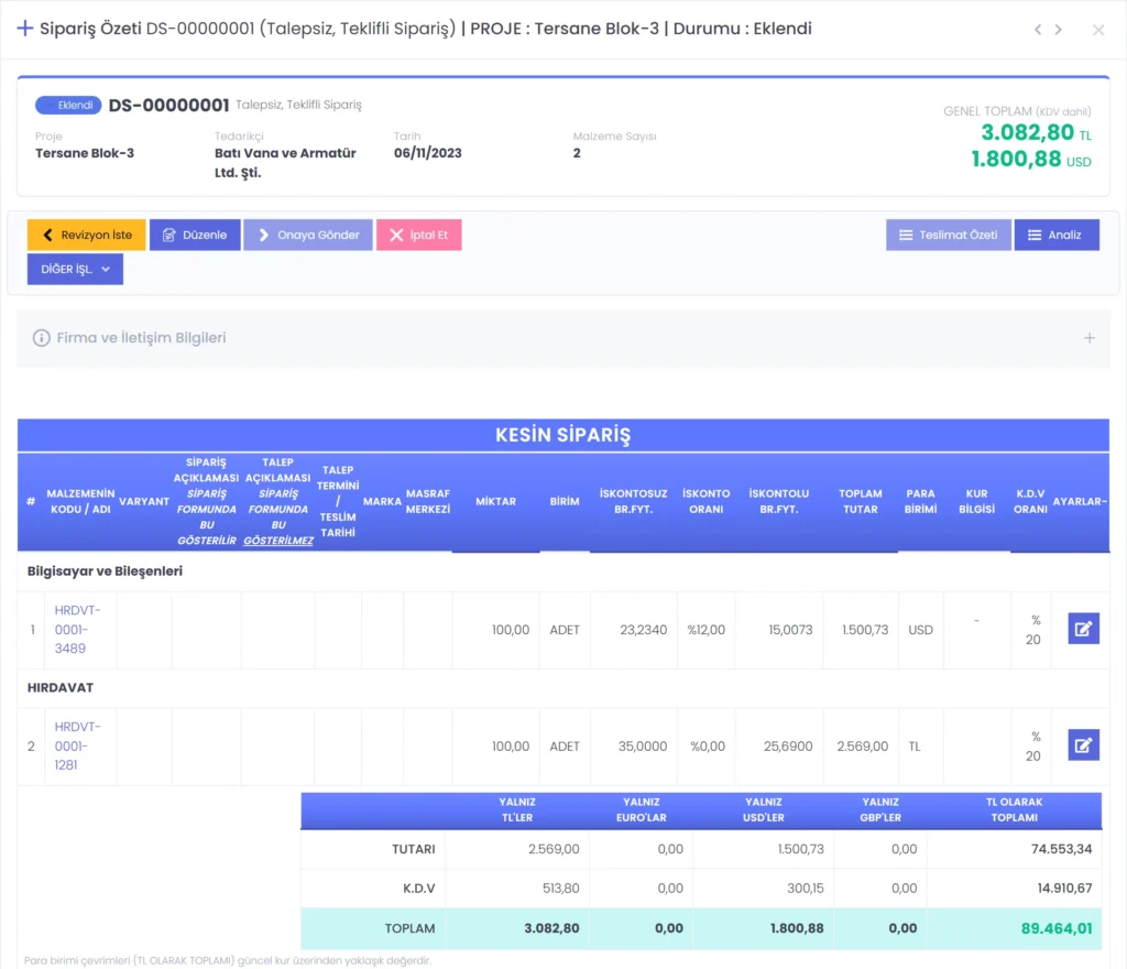 Codigno ERP teklifli doğrudan sipariş özeti: kalem tablosu, iskonto oranları ve TL, EURO, USD, GBP kırılımıyla toplam bloğu