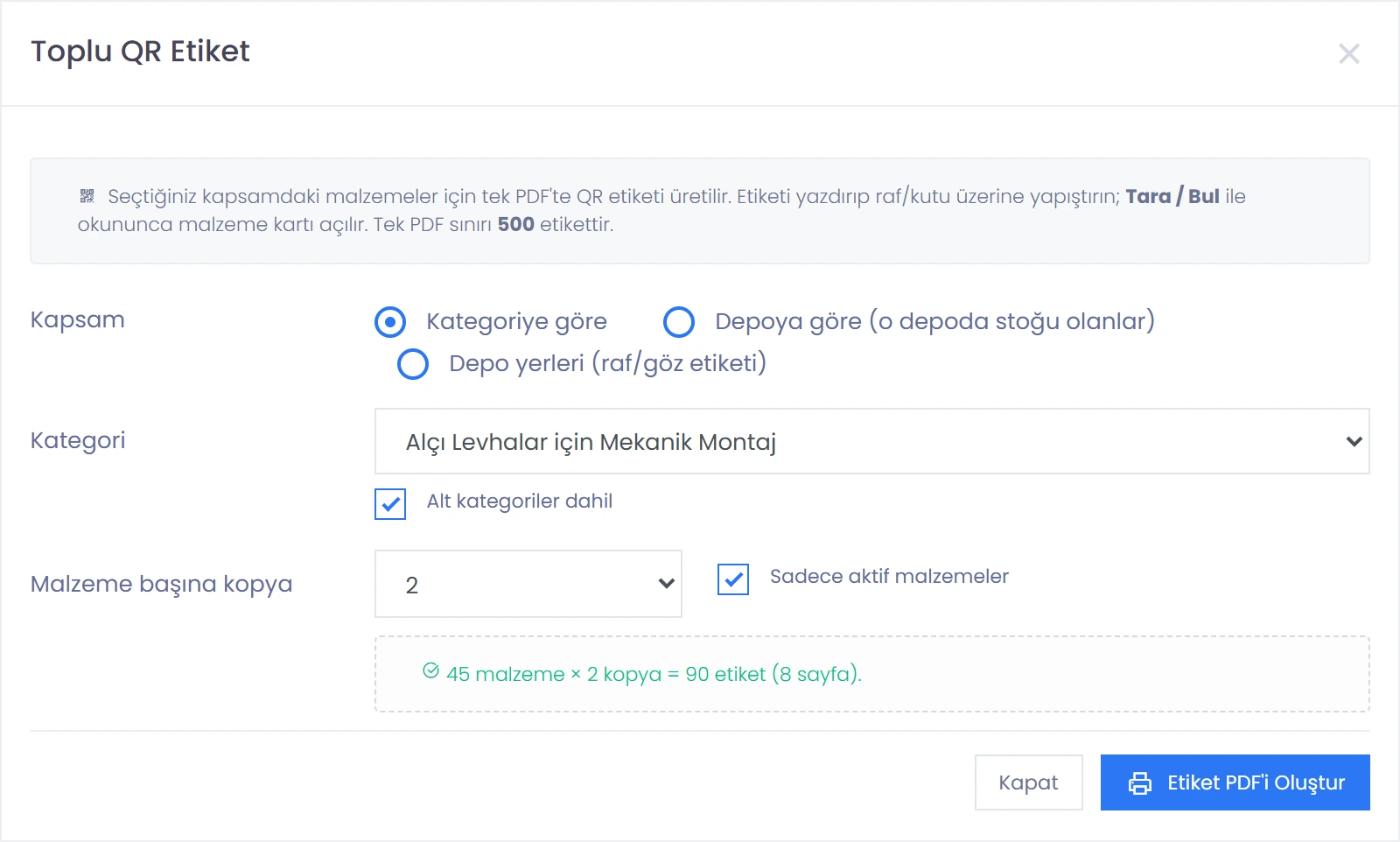 Codigno ERP toplu barkod etiketi basma sihirbazı, etiket önizlemesiyle