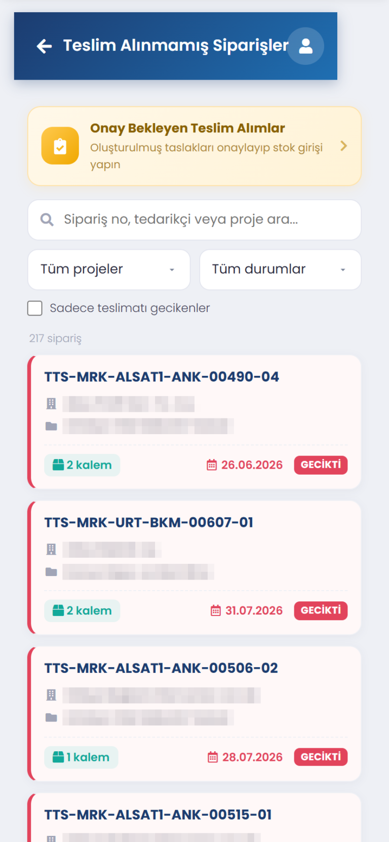 Codigno ERP mobil teslim alım ekranı