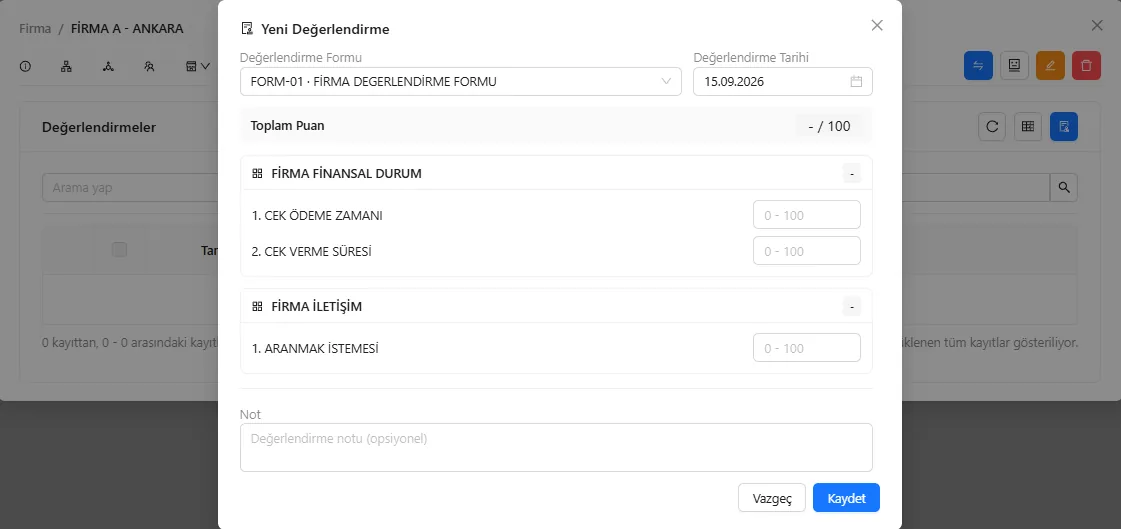Codigno Firmalar tanımlı formlarla puanlanıyor, önem seviyeli uyarılar kuruluyor.