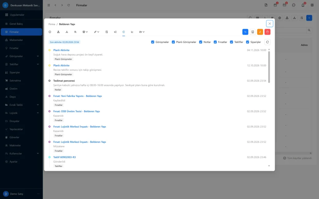 Codigno CRM müşteri kartı 360 derece zaman çizelgesi: görüşme, teklif, sipariş ve not kayıtları tek akışta