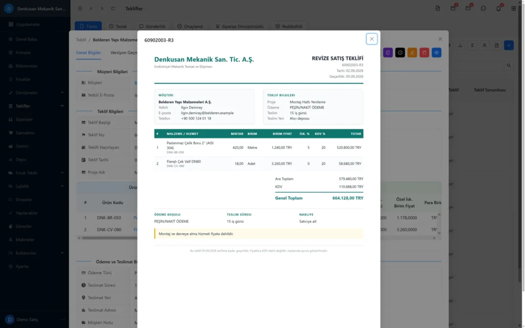 Codigno CRM teklif belgesi önizlemesi: gönderilmeden önce PDF olarak görünen teklif