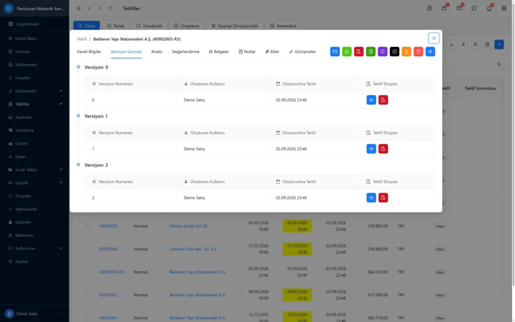 Codigno CRM teklif revizyon geçmişi: sürüm sürüm listelenen teklif, her sürümün kendi önizlemesi ve PDF bağlantısı