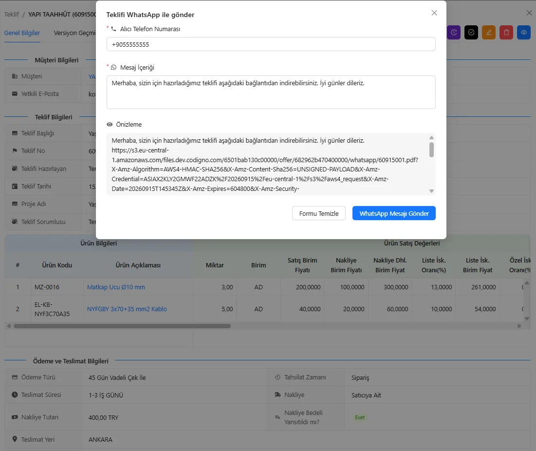 Codigno Teklifi WhatsApp ile ilet: teklif tek tıkla müşteriye gönderiliyor.