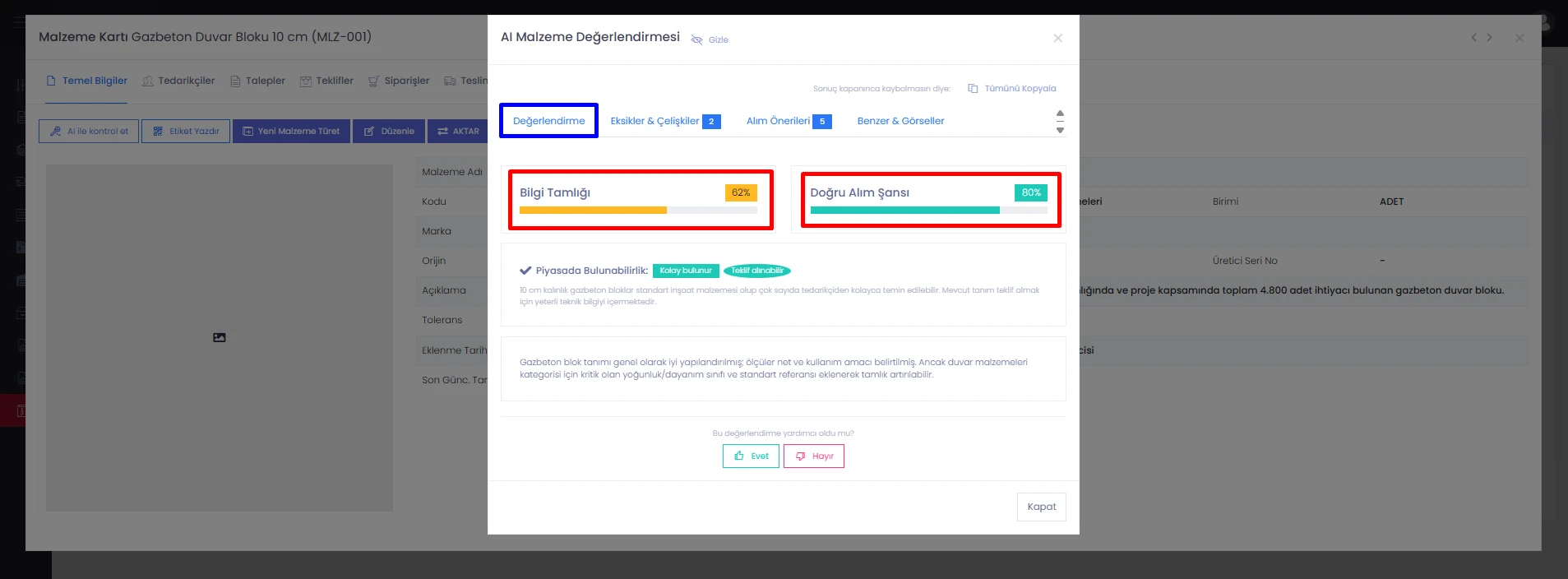 Codigno ERP malzeme kartı değerlendirmesinde bilgi tamlığı ve doğru alım şansı