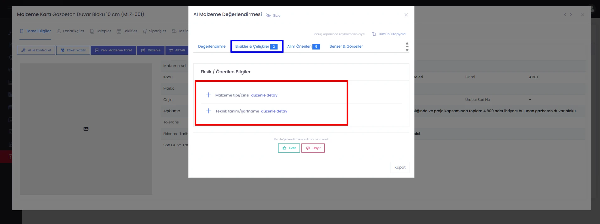 Codigno ERP malzeme kartı değerlendirmesinde eksikler ve çelişkiler sekmesi