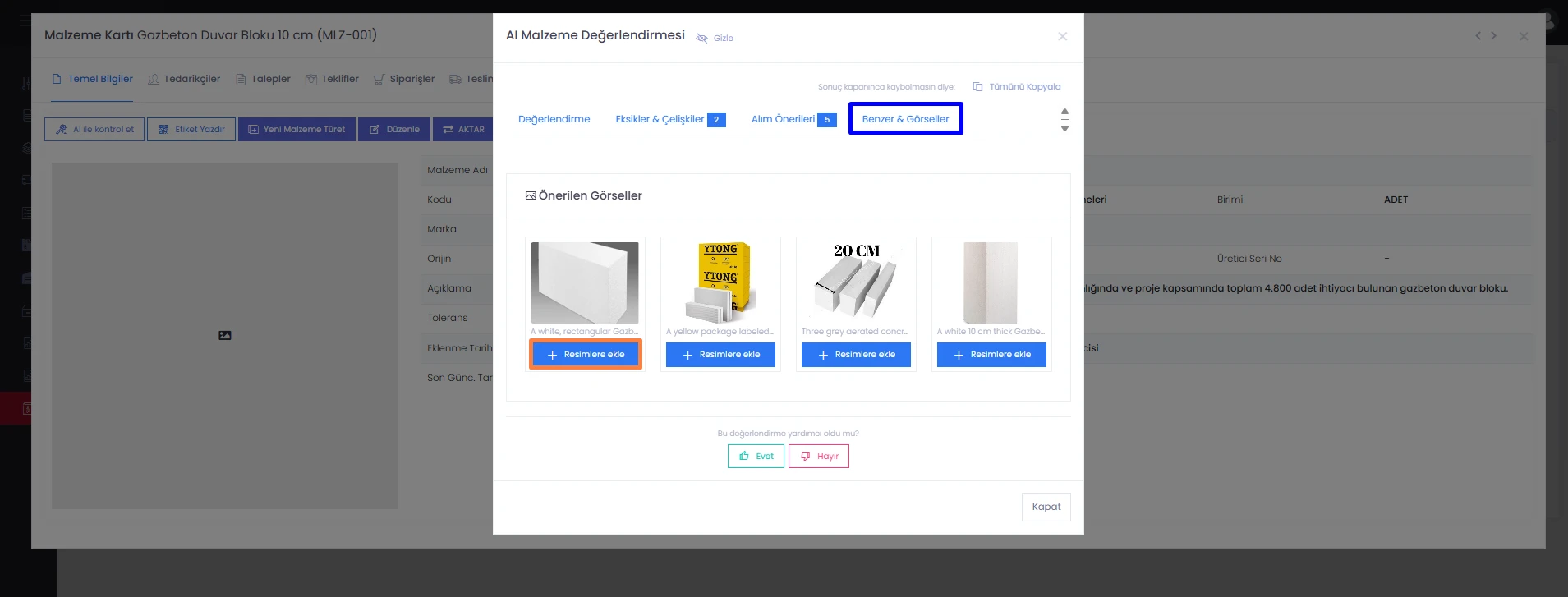 Codigno ERP malzeme kartında önerilen görseller