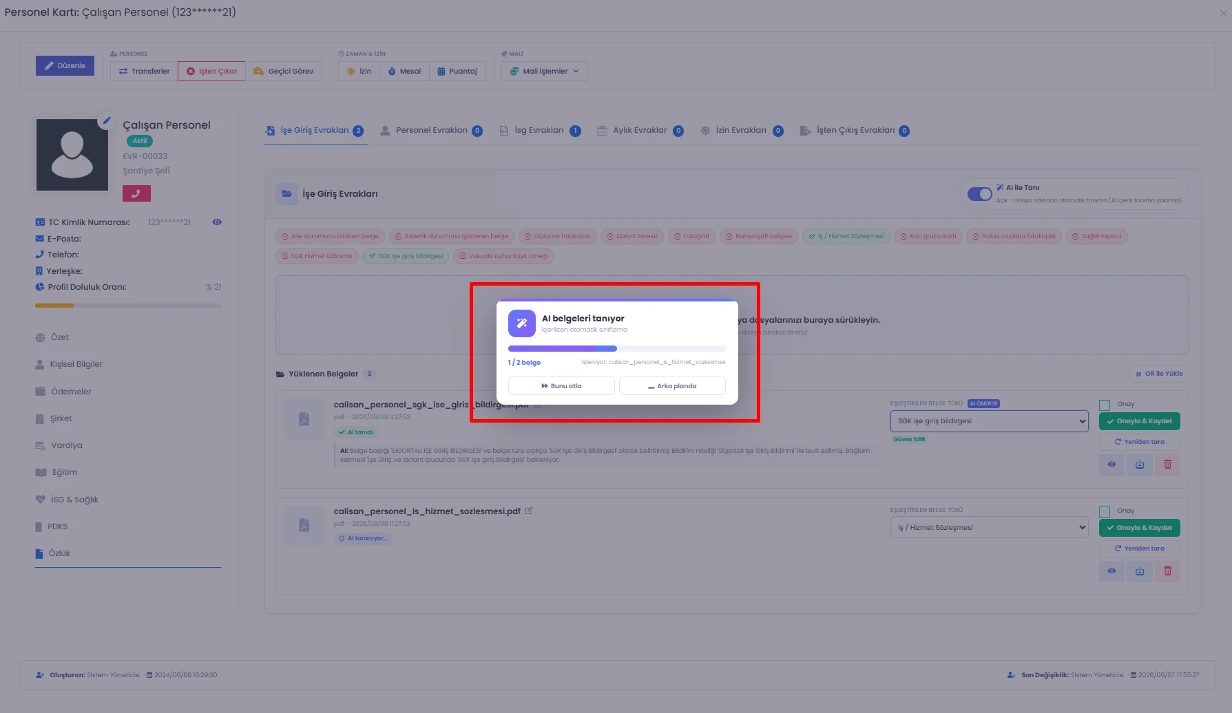 Codigno ERP özlük dosyasında belgelerin sırayla tanınması