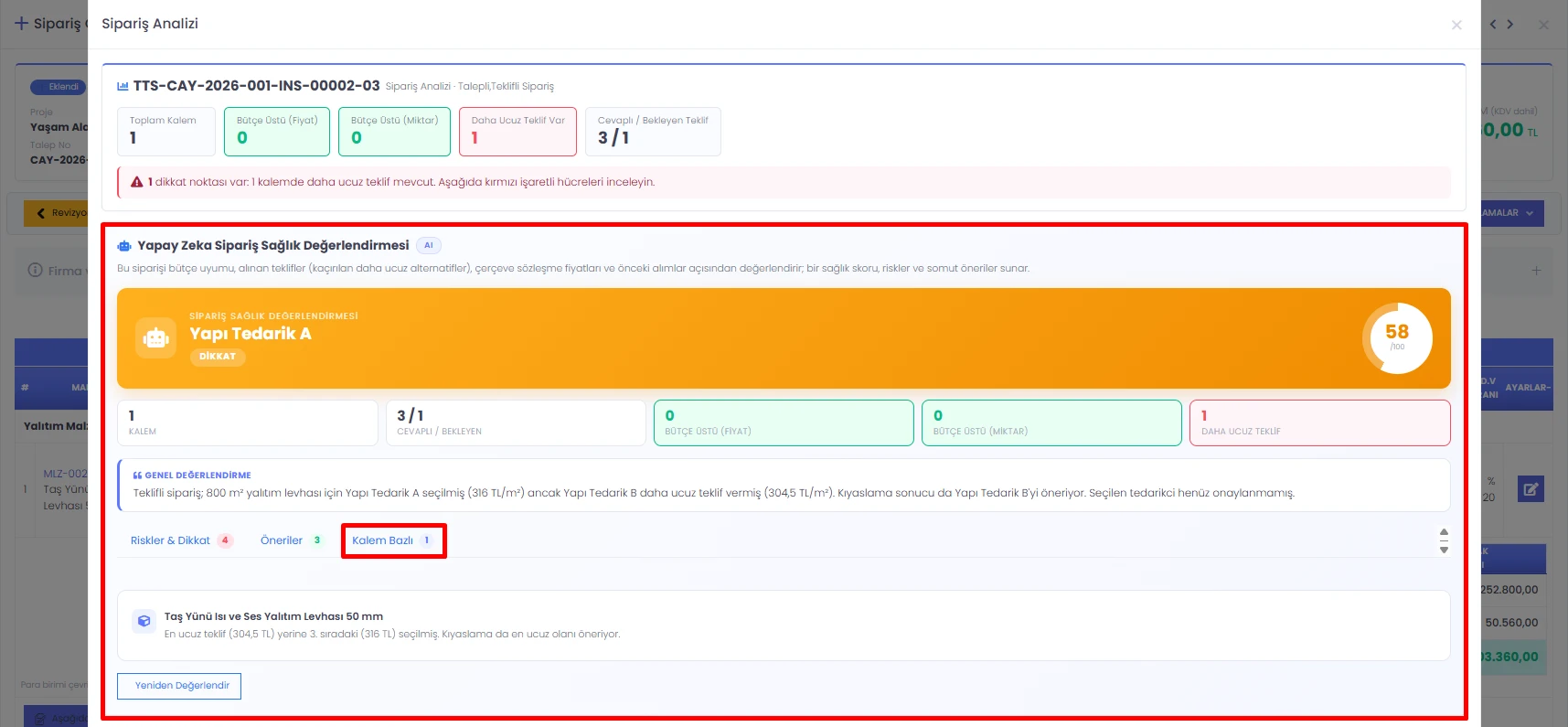 Codigno ERP sipariş değerlendirmesinde kalem bazlı karşılaştırma