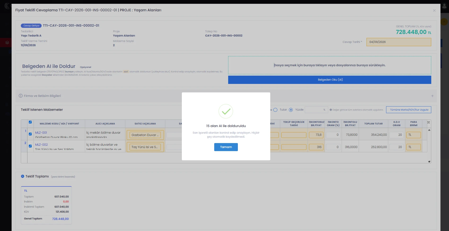 Codigno ERP teklif ekranında kaç alanın doldurulduğunu bildiren özet