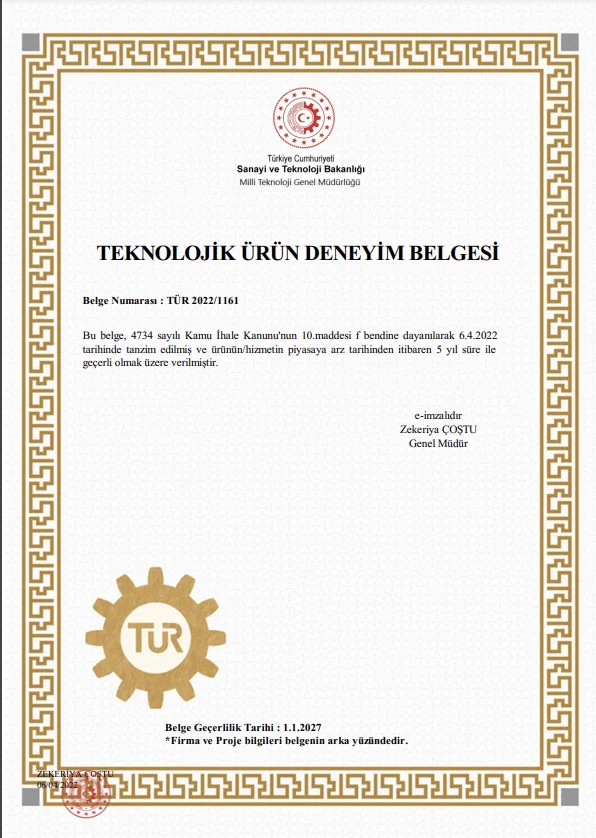 Codigno Teknolojik Ürün Deneyim Belgesi — TÜR 2022/1161, Sanayi ve Teknoloji Bakanlığı